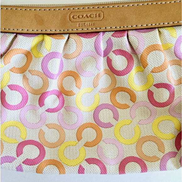 Coach Wristlet Pink Op Art Signature Zip Clutch Vachetta Leather Trim Retro Y2K - Picture 10 of 12